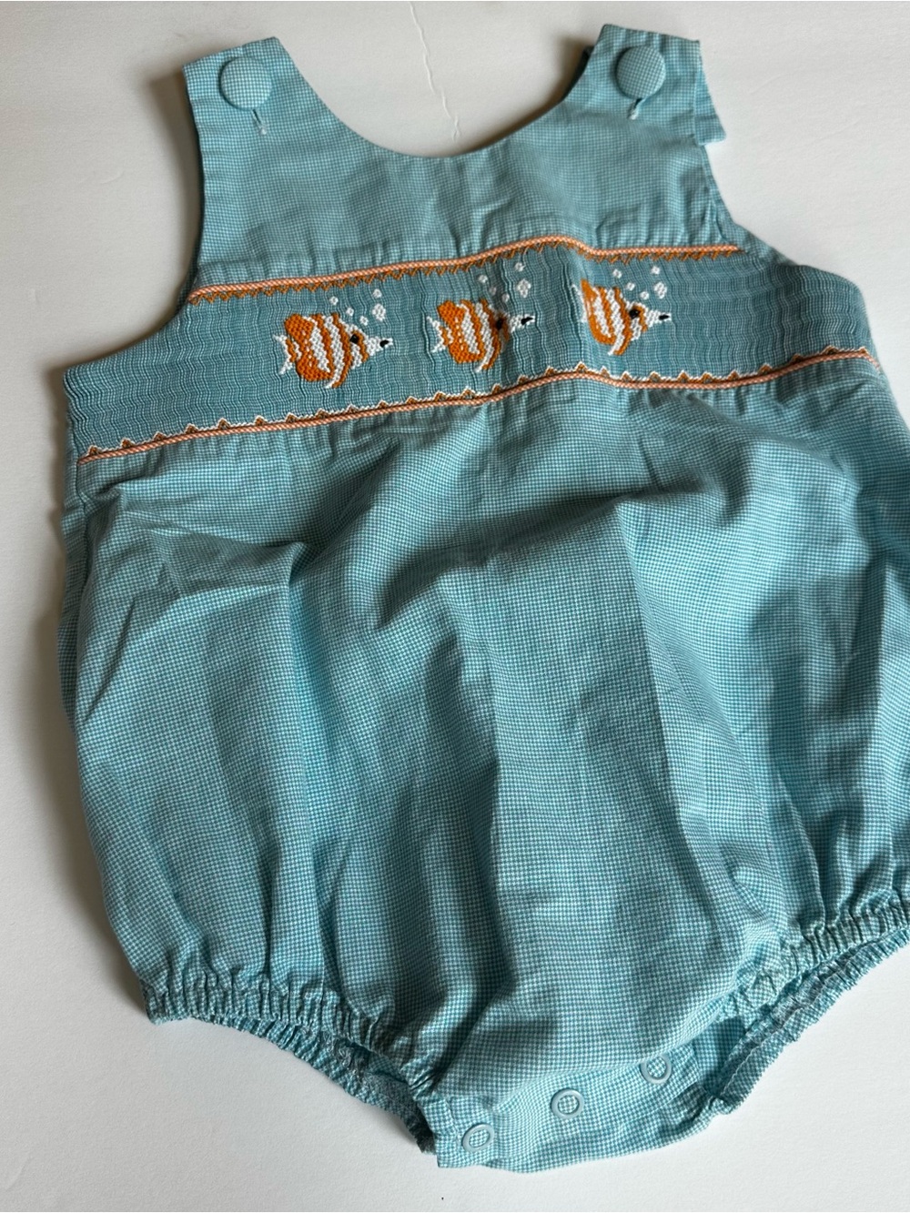 Smocked Aqua Diaper Cover with Orange Fish Embroidery